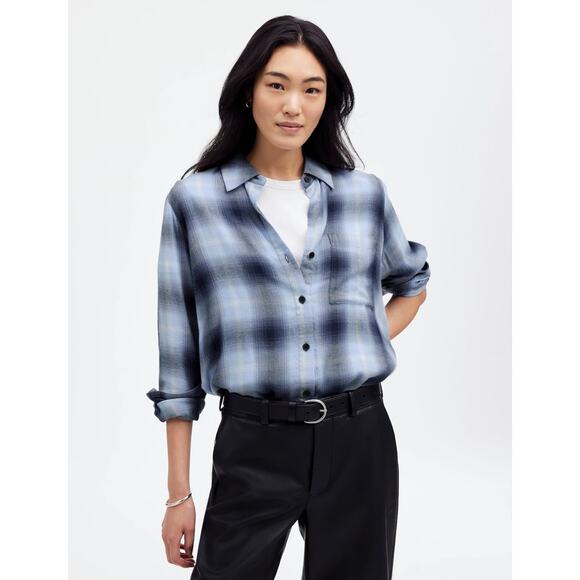 Madewell Easy Y-Neck Button-Up Shirt SZ 2XS Deep Indigo White Plaid Long Sleeve - Picture 1 of 7